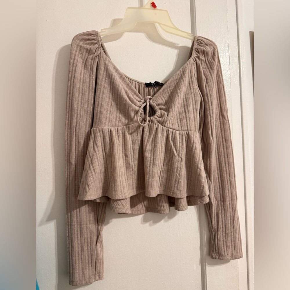 Lulu's Taupe Long Sleeve Blouse